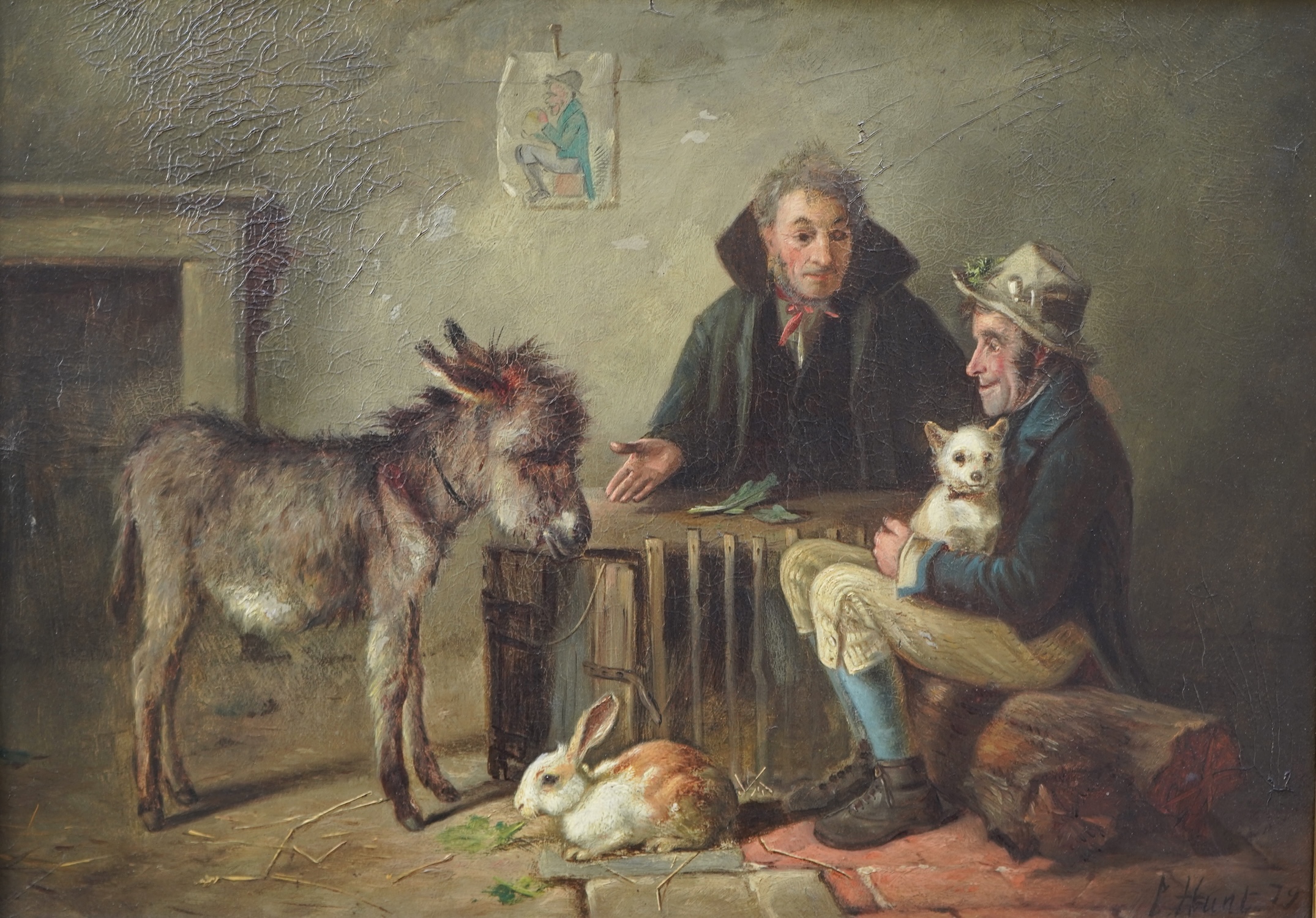 Charles Hunt II, (1829-1900), Interior scene with two men, a dog, a rabbit and a donkey